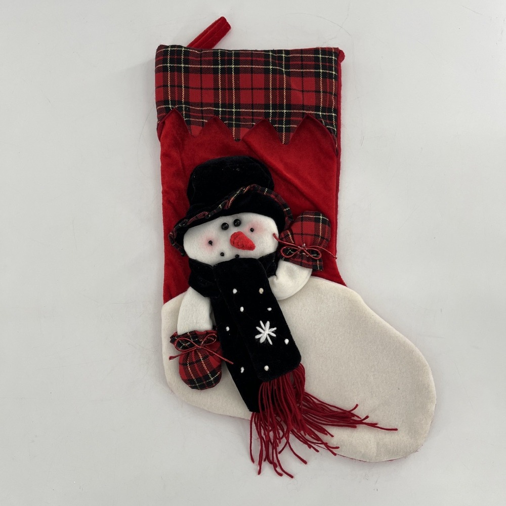 Snowman 3D Plush Christmas Stocking Velvet Red Black Gold Tartan Plaid‎ 20" Felt